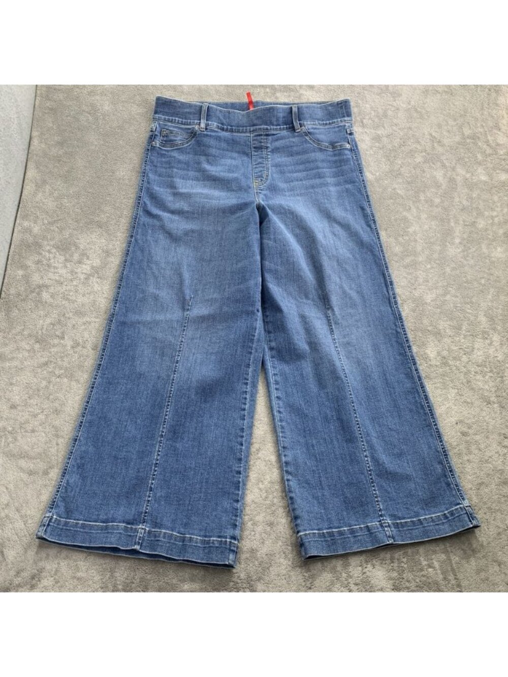 Spanx Jeans Womens Size 3X Petite Blue Denim Seamed Front Wide Leg Pull On Boho - Picture 2 of 10